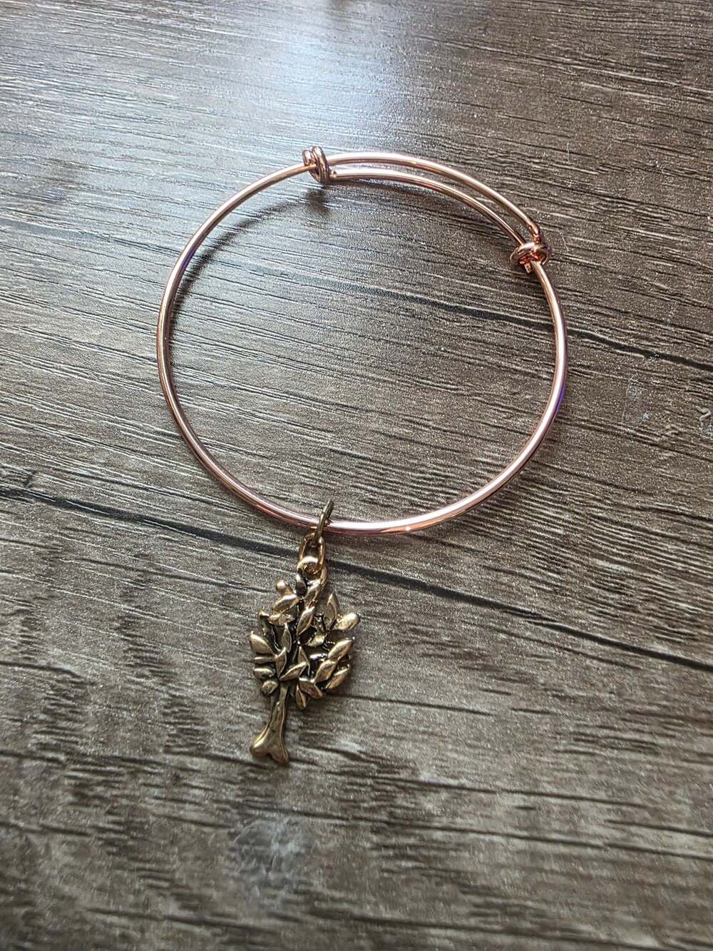 Rose Gold Tone Expandable Bangle Bracelet with Tree Charm